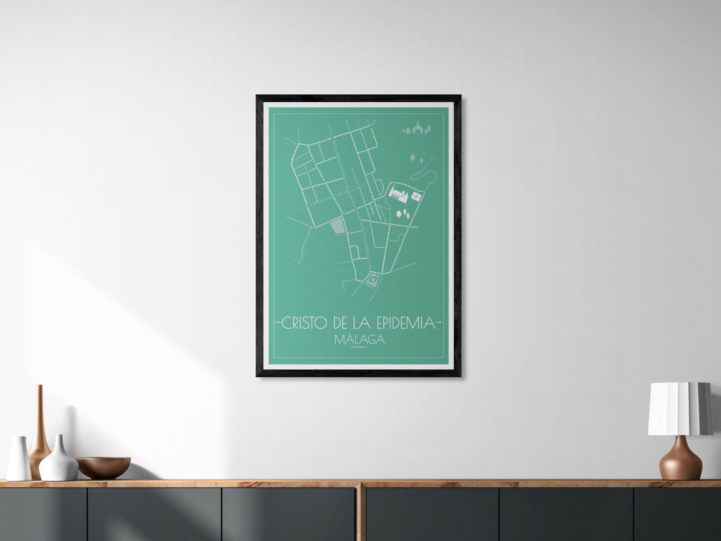 70x100 poster map of Malaga cristo de la epidemia, emerald variant.