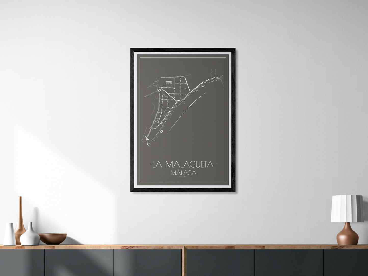 70x100 poster map of Malaga la malagueta, dark variant.