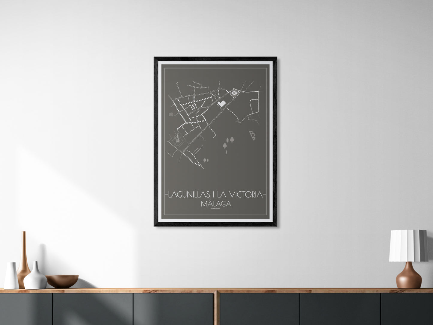 70x100 poster map of Malaga lagunillas and la victoria, dark variant.