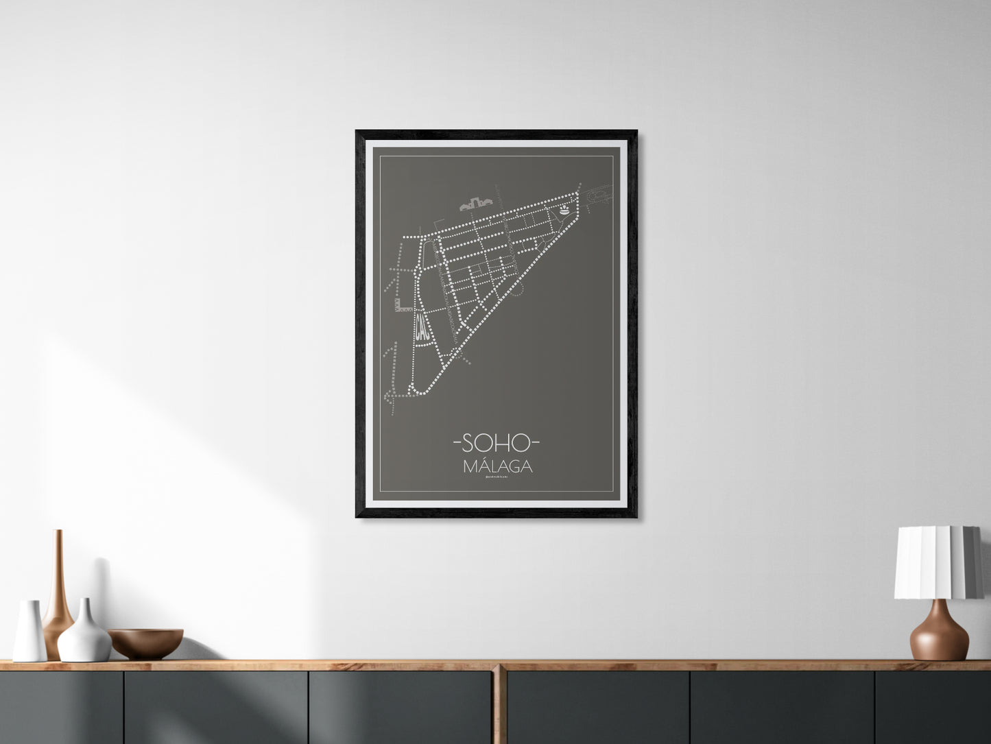 70x100 poster map of Malaga soho, dark variant.