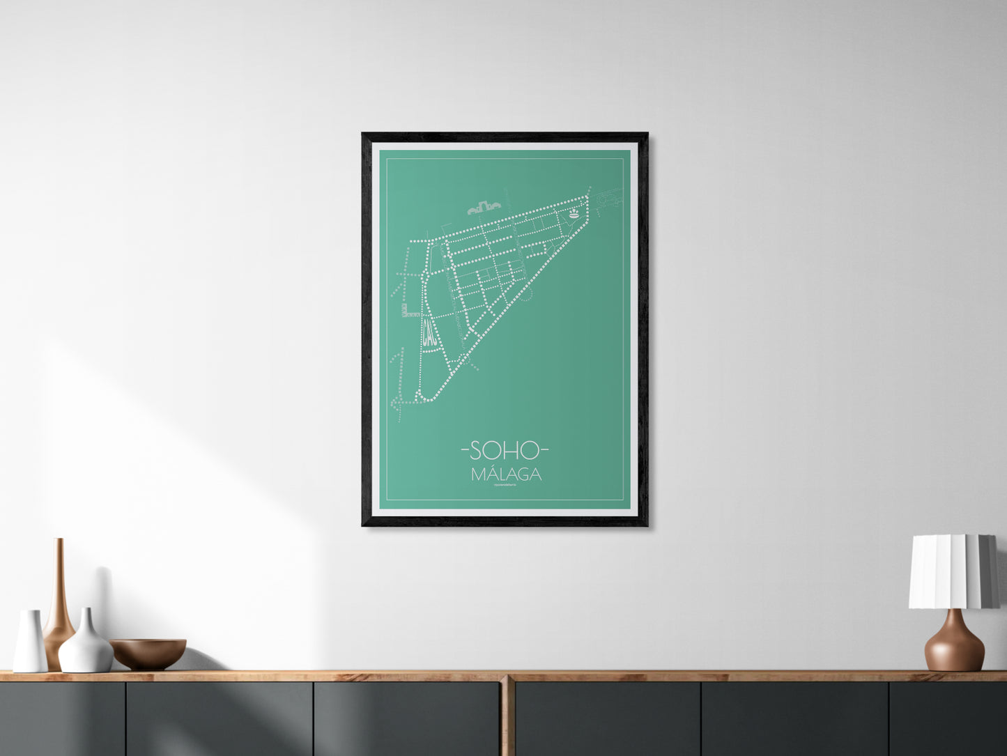 70x100 poster map of Malaga soho, emerald variant.
