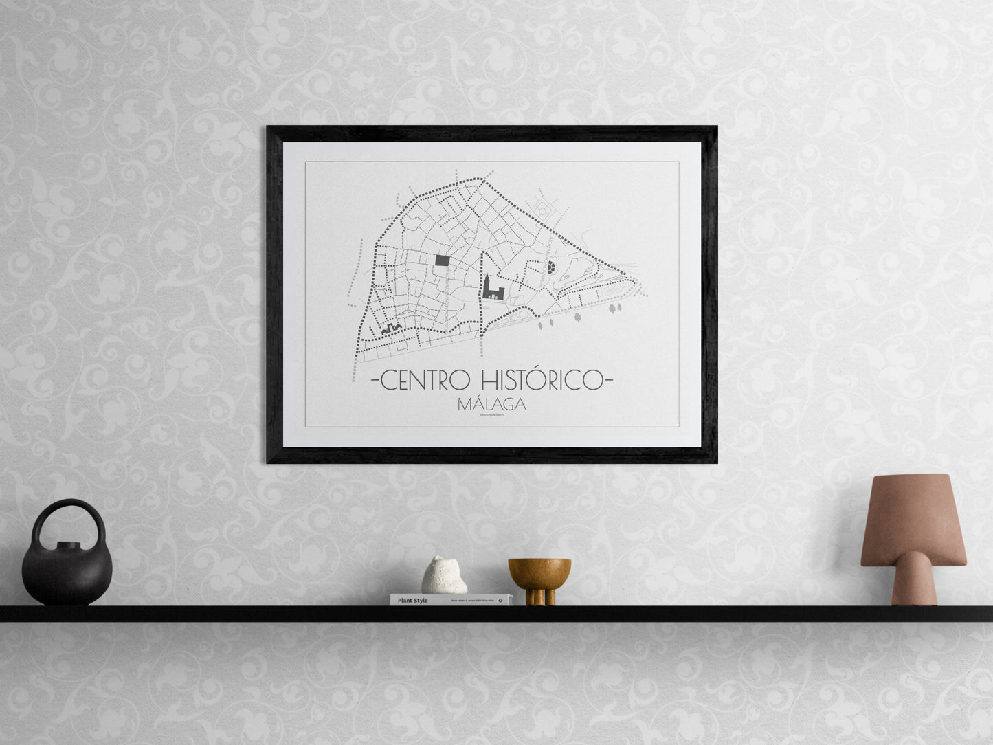 70x50 poster map of Malaga city Center, white variant.