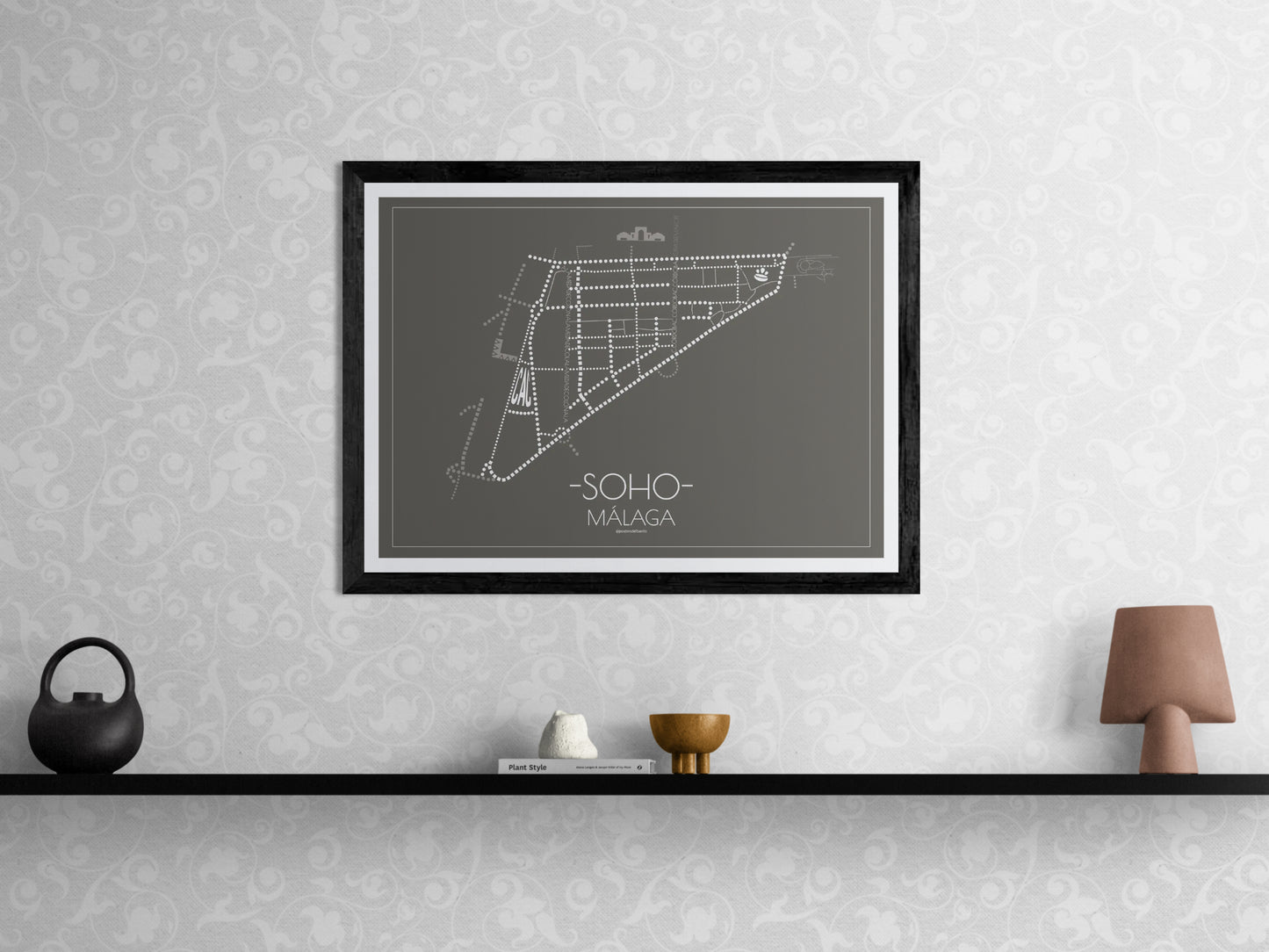70x50 poster map of Malaga soho, dark variant.